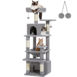 PAWZ Road Cat Tree, 53.5 Inches Tall Cat Tower with Spacious Hammocks, Condos and Scratching Posts, Cat House with Dual Padded Perches for Indoor Large Cats-Gray