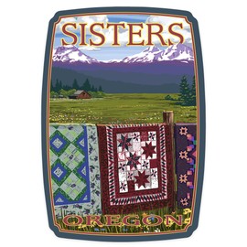 Die Cut Sticker Sisters, Oregon, View with Quilts on Fence, Vinyl Sticker 1 to 3 inches (Waterproof Decal for Cars, Water Bottles, Laptops, Coolers), Small