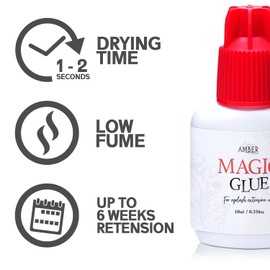 Mild Sensitive Eyelash Extension Magic Glue for Professional Lash Extensions, 1-2 Sec Dry Time & Up to 6 Weeks Retention, Black Adhesive by Amber Lash (10ml + Tank)