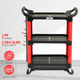 DNA MOTORING 3-Level Composite Workshop Trolley 120 kg / 260 Lbs Capacity Cart Portable On Wheels for Garage Warehouse Workshop Use, Black/Red, TOOLS-00428