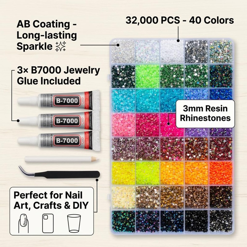 32000Pcs 40 Colors Resin Jelly Rhinestones for Bedazzling, 3mm Flatback