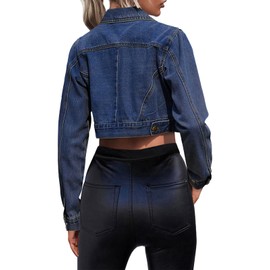 JerXox Women's Cropped Denim Washed Distressed Button Down Long Sleeve Jean Jacket Coats