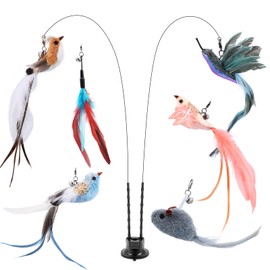 KeeKit Interactive Bird Simulation Cat Toy Set, Cat Feather Toy for Indoor Kitten, with Self-Holding Suction Base, 2 Flexible Steel Wire, 4 Replacement Birds, Feathers & Bells