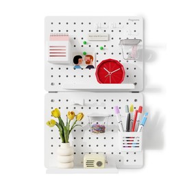 PEGZONE Pegboard Wall Organizer Combination Kit, Overall 25.4"x16.6" Metal Office Pegboard with 13 Accessories, Wall Mounted Peg Board Display Panels for Home, Gaming Room, Garage (2Pcs,White)