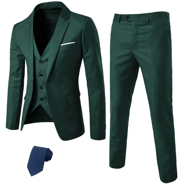MrSure Men’s 3 Piece Suit Blazer, Slim Fit Tux with One Button, Jacket Vest Pants & Tie Set for Party, Wedding and Business Deep Green