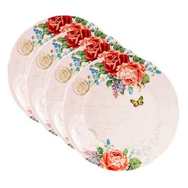 Gracie Bone China by Coastline Imports Rose Butterfly Set of 4 Bone China Dessert Plates 7.5-Inch Diameter, Red, Blue, White