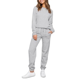 REORIA Women Cotton Crew Neck Tracksuit Set Long Sleeve Two Piece Outfit Plus Size Lounge Wear Sets Oversize Co Ord Sets With Fleece Lining Light Grey XXL