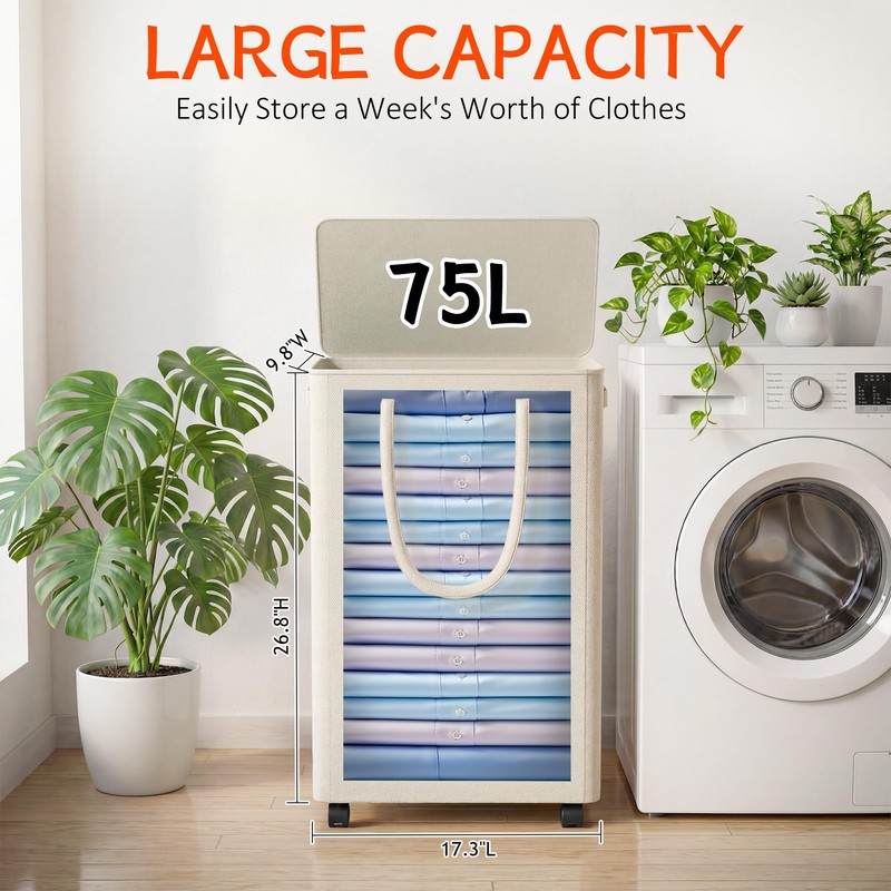 Slim Laundry Hamper with Wheels,20 Gal (75L) Rolling Laundry Basket