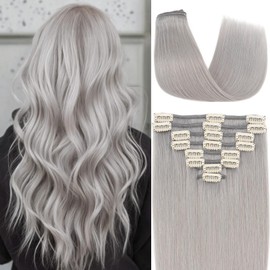 Clip in Hair Extensions Human Hair S-noilite Gray Human Hair Short Hair Clip in Extensions Full Head 8 Pieces/18 Clips 100% Real Human Hair Silky Straight 10"-65g Light Gray (#G1)