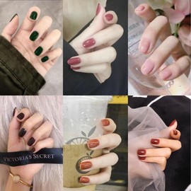 Solid Color Press on Nails round head nail Matte Red Wine oval nail tip gloss false nail gel false nail short coffin small nail acrylic nail 24pcs Caeea 09