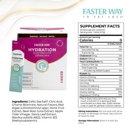Faster Way - Hydration - Electrolyte Drink Mix - with Apple Cider Vinegar, Choline, Probiotics & Natural B Vitamins - Energize & Revive - Powder Packets - Zero Sugars - Gluten Free - Berry - 30 Pack