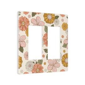 Boho Flower Floral 2 Gang Double Rocker/GFCI Light Switch Cover Decorative Outlet Wall Plate Electrical Faceplate Vintage Retro Burnt Orange Blossom Botanical Home Bedroom Art Panel Decor Screwless