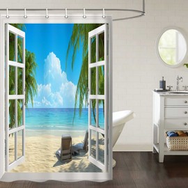 JAWO Beach Scene Shower Curtain, Tropical Beach Shower Curtain Summer Seaside Scene Ocean Island Palm Tree Bathroom Decorations Curtain Durable Waterproof Bathtub Showers Decor with Hooks(72X72)