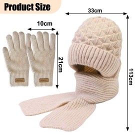 JSTHHTT WintermüTze Knitted Hat with Scarf Touchscreen Gloves Set with Thick Plush Lining Soft Women's Winter Warm Hat 55-60 cm Winter Scarf Knitted Scarf Winter Gloves Knitted Gloves, beige