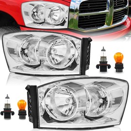 KUIPERAUTO Pair Headlights Assembly Compatible for 2006 2007 2008 Dodge Ram 1500 2500 3500 2009 Ram 2500 3500 w/Chrome Housing Clear Reflector Include H13 3157 Bulb Passenger and Driver Side