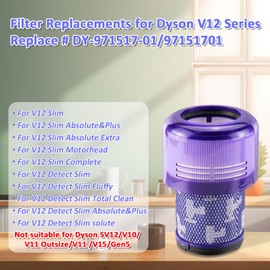 4-Pack HEPA Filters for Dyson V12 Series - Compatible with V12 Detect Slim Absolute Extra, V12 Slim Motorhead, V12 Detect Slim Fluffy, V12 Detect Slim Total Clean - Replace Part # 971517-01