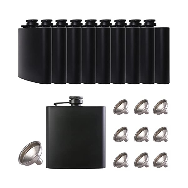 10 pcs Hip Flask for Liquor Matte Black 6oz Stainless Steel Leakproof with 10 pcs Funnel for Gift, Camping, Wedding Party