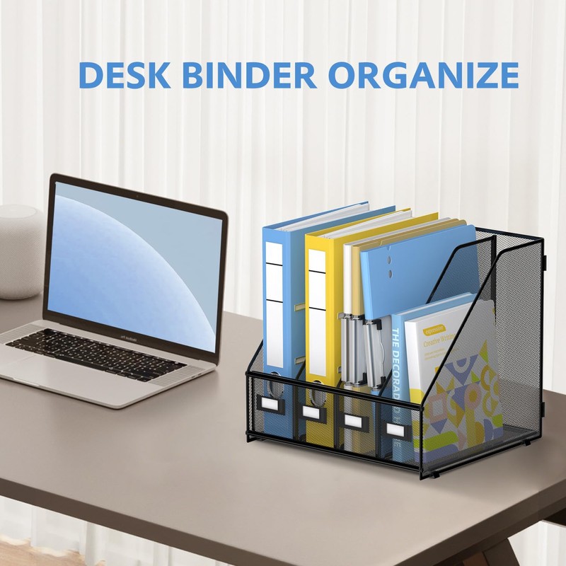4 Vertical Compartments Magazine File Holder, Metal Binder Organizer, Black