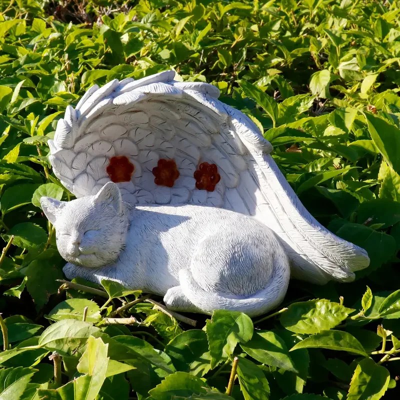 Solar Powered Angel Cat Memorial Sculpture, White Resin Sleeping Kitten