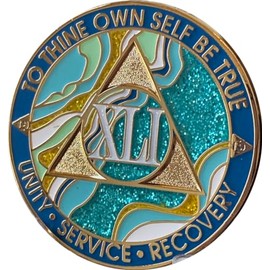 41 Year AA Medallion Elegant Marble Caribbean Aqua Glitter Eternity Sobriety Chip