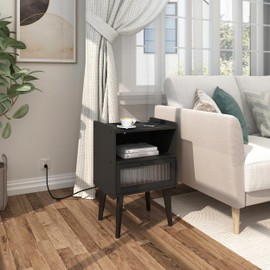 MMEOLUOOK MMEOLUOOK Nightstand with Charging Station, Bedside Tables, End Table Side Table with 2 Tiers Storage Space, for Bedroom, Living Room, Black MLBZ07BE