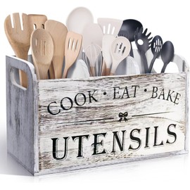 Kitchen Utensil Holder with 3 Compartments, Wooden Storage Utensil Organizer for Countertop, Farmhouse Decor, Rustic Cooking Utensil Kitchen Tool