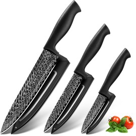 Gourmetop Kitchen Knife Set with Cover 3 Pcs, Black Chef Knife Set for Cooking, Sharp Kitchen Knives with Sheath, 8'' Chef Knife, 5'' Utility, 3.5'' Paring, Damascus Pattern Kitchen Knife for Cutting