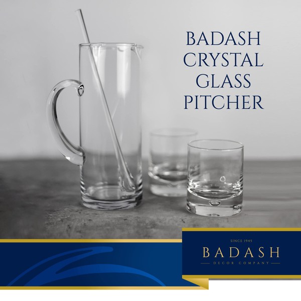 Badash Crystal Glass Pitcher - 9.75” Tall Mouth-Blown Lead-Free Crystal Glass Pitcher - 48 oz. Cocktail Pitcher - Cylinder Pitcher for any Beverage