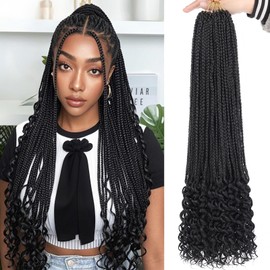 24 Inch Goddess Box Braids Crochet Hair with Curly Ends 8 Packs Pre-looped 3X Goddess Braids Hair Extensions Synthetic Boho Box Braiding Hair for Women (15Strands/pack 1B#)