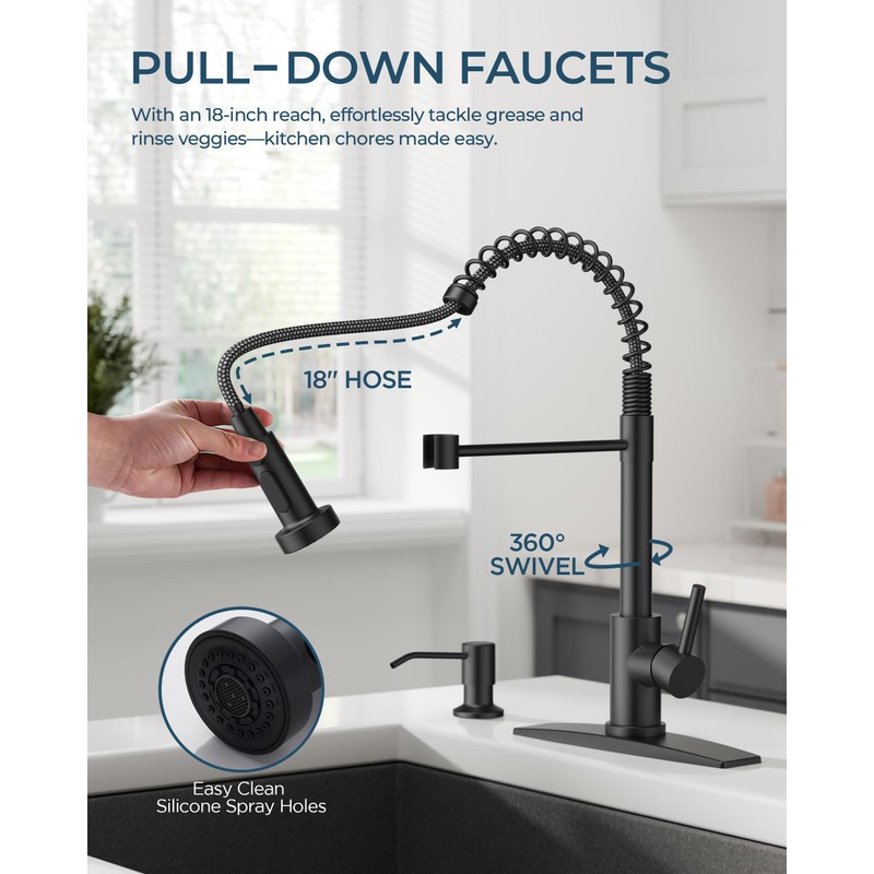 FORIOUS Black Kitchen Faucet with Soap Dispenser, Stainless Steel Kitchen