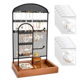 Jewellery Stand, Necklace Organizer Earring Display Holder with Metal Frame and Velvet Tray, Jewelry Tower Display Rack Jewelry Tree for Bracelet Rings Watches with 10 Jewellery Ziploc Bags (black)
