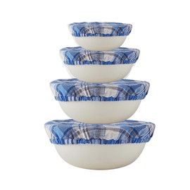 INYOWAKI 100% Pure Linen Bowl Covers For Bread Proofing, 4 Pcs Elastic Reusable Checked Cloth Fabric Bowl Covers, XL Washable Large Stretch Sourdough Lids, 6 * 8 * 10 * 12 Inches -Ocean Blue Plaid