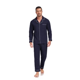 COLORFULLEAF Men's Long Pyjamas 100% Cotton Two-Piece Men's Pyjamas with Button Placket and Pockets, navy blue