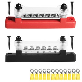 VOANZO 6 Terminal Bus Bar Ground Power Distribution Terminal Block Bus Bar with Cover for Car Marine Car Pickup Trailer RV Boat (Red + Black)