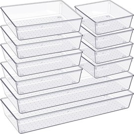 Criusia Drawer Organizer, 10 Pack Large Clear Plastic Kitchen Drawer Organizers Set, 3 Size Versatile Bathroom and Vanity Organizer Trays, Storage Bins for Makeup, Bedroom, Kitchen Utensils