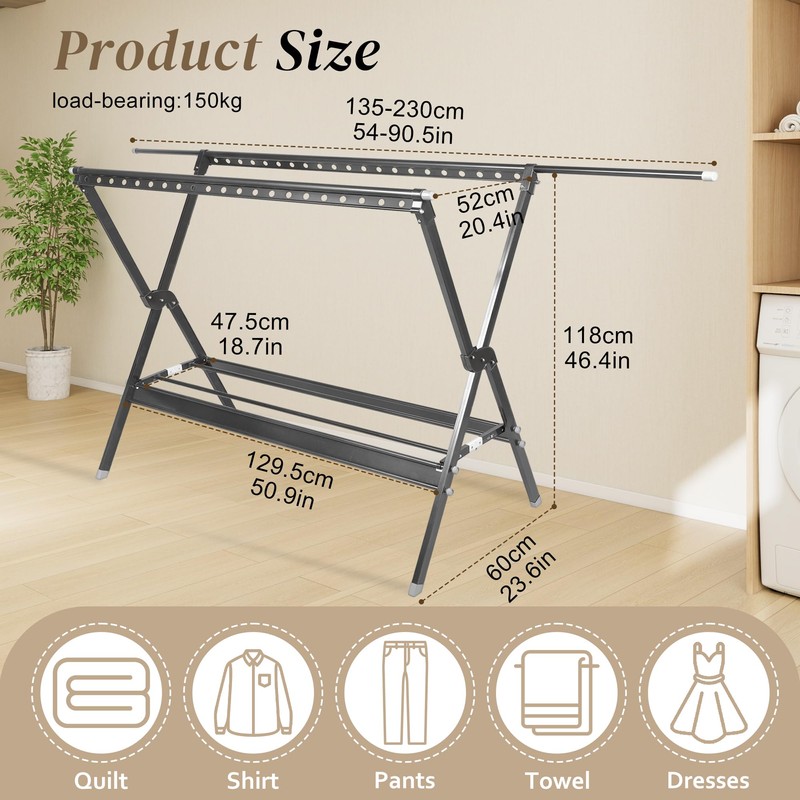 SERdeerCH 54-90.5 Inches Clothes Drying Rack,Foldable Laundry Clothes Drying Rack,