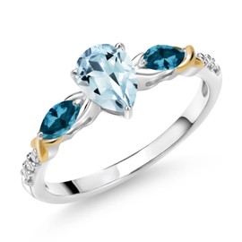 Gem Stone King 925 Silver 10K Yellow Gold Pear Shape Sky Blue Aquamarine London Blue Topaz and White Lab Grown Diamond Engagement Ring For Women (1.10 Cttw, Available in Size 5,6,7,8,9)