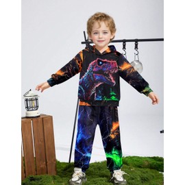 ADIFUN Boys Clothes 5T-6T Cool Neon Lightning T-Rex Print Dinosaur Clothes Boy Fall Winter Outfits Long-sleeved Hooded Sweatshirt Pants 2 Piece Set