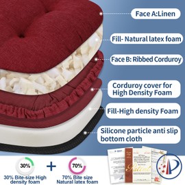 BUYUE Double-Layer Thickened Chair Cushion for Dining Chair, Natural Latex Foam Support, 2-Faced Reversible Kitchen Seat Cushion, Practical Non-Slip Chair Pad, 1 PC, Red