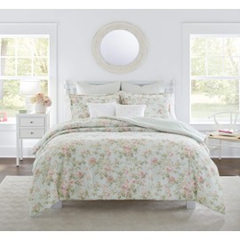 Laura Ashley Home - Queen Comforter Set, Reversible Cotton Bedding, Includes Matching Shams with Bonus Euro Shams & Throw Pillows (Madelynn Pastel Blue, Queen)