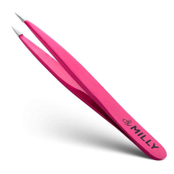 Pointed Tweezers - Stainless Steel - Perfectly Aligned Hand-Filed Point Tip Precision Tweezers - For Ingrown Hair, Eyebrows, Facial Hair, Splinters, Glass Removal - For Men and Women - Pink