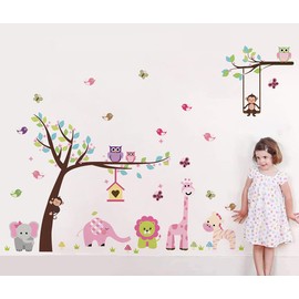 Runtoo Jungle Wall Sticker Monkey Elephant Tree Forest Animals Wall Sticker Nursery Baby Room
