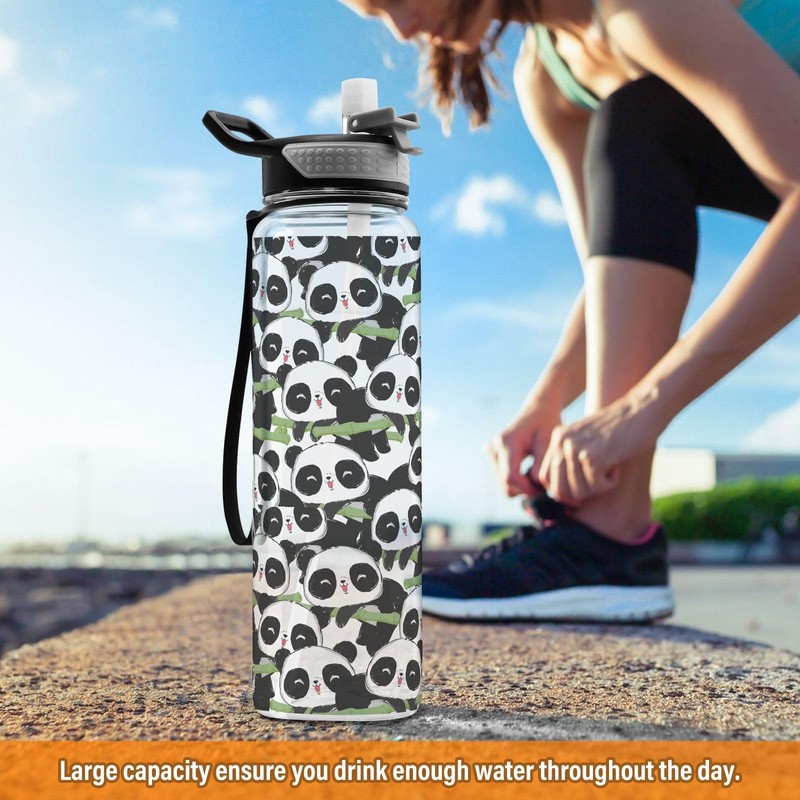 Mnsruu Süße Panda Bambus Wasserflasche 1L mit Strohhalm, auslaufsicher, BPA-frei,