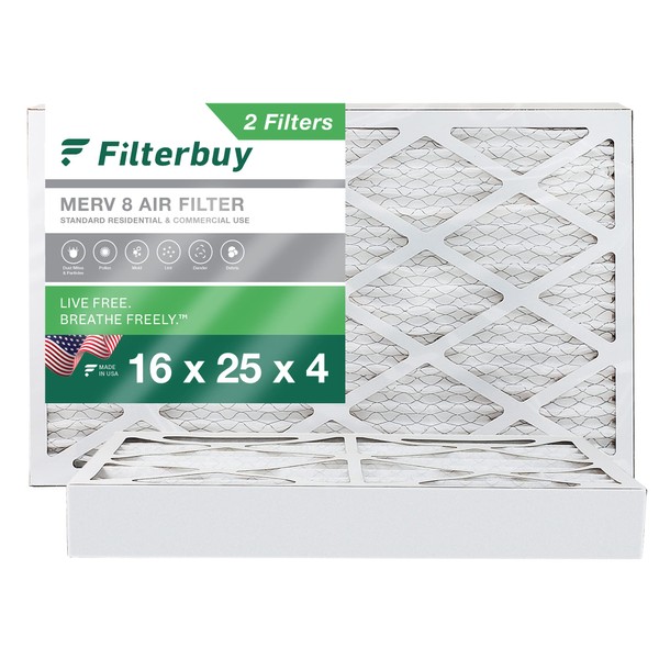 Filterbuy 16x25x4 Air Filter MERV 8 Dust Defense (2-Pack), Pleated HVAC AC Furnace Air Filters Replacement (Actual Size: 15.38 x 24.38 x 3.63 Inches)