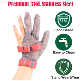 SUPERETON 3-Finger Chainmail Gloves for Cutting,ANSI A9 Cut Proof Glove,Stainless Steel Metal Cut Resistant Gloves Food Grade with Wrist Strap, Kitchen Butcher Safety Work Glove (Pack of 1,XL)