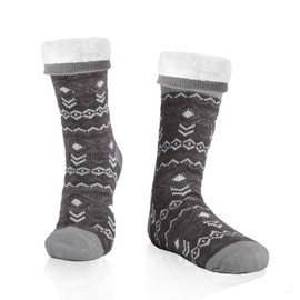 WOTENCE Men's Warm Thick Winter Socks, Non-Slip Sole, Fluffy Thermal Socks, Inner Terry Towelling Slippers Socks, Grey Striped