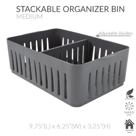 Simplify Cestino impilabile a 3 scomparti con divisori regolabili, organizer per cassetti, cesto portaoggetti, ottimo per ufficio, forniture da scrivania, accessori, trucchi, grigio