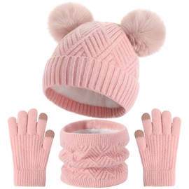 3 Pcs Kids Winter Beanie Hat Gloves Scarf Set, Thick Knitted Warm Toddler Winter Hat Mittens Neck Warmer for Boys Girls