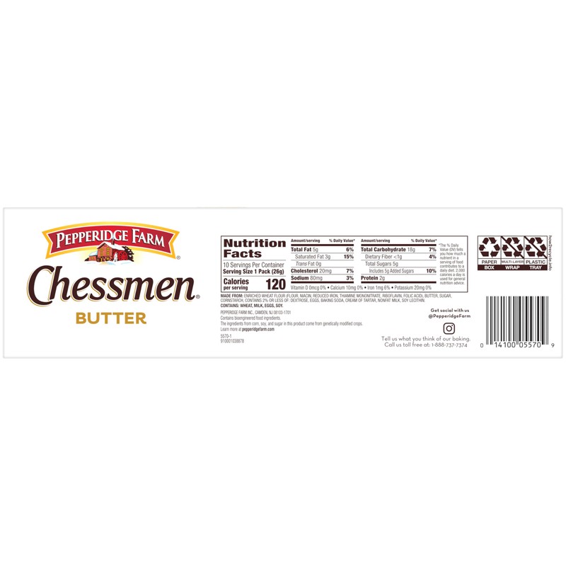 Pepperidge Farm Chessmen Butter Cookies, 0.9 Oz Snack Pack, 10