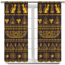Wallira Mystic - Cortinas egipcias antiguas, tribu de gatos negros, pirámides de Egipto, historia, negro, dorado, decoración clásico, con bolsillo para barra, tratamientos de ventana para niños y